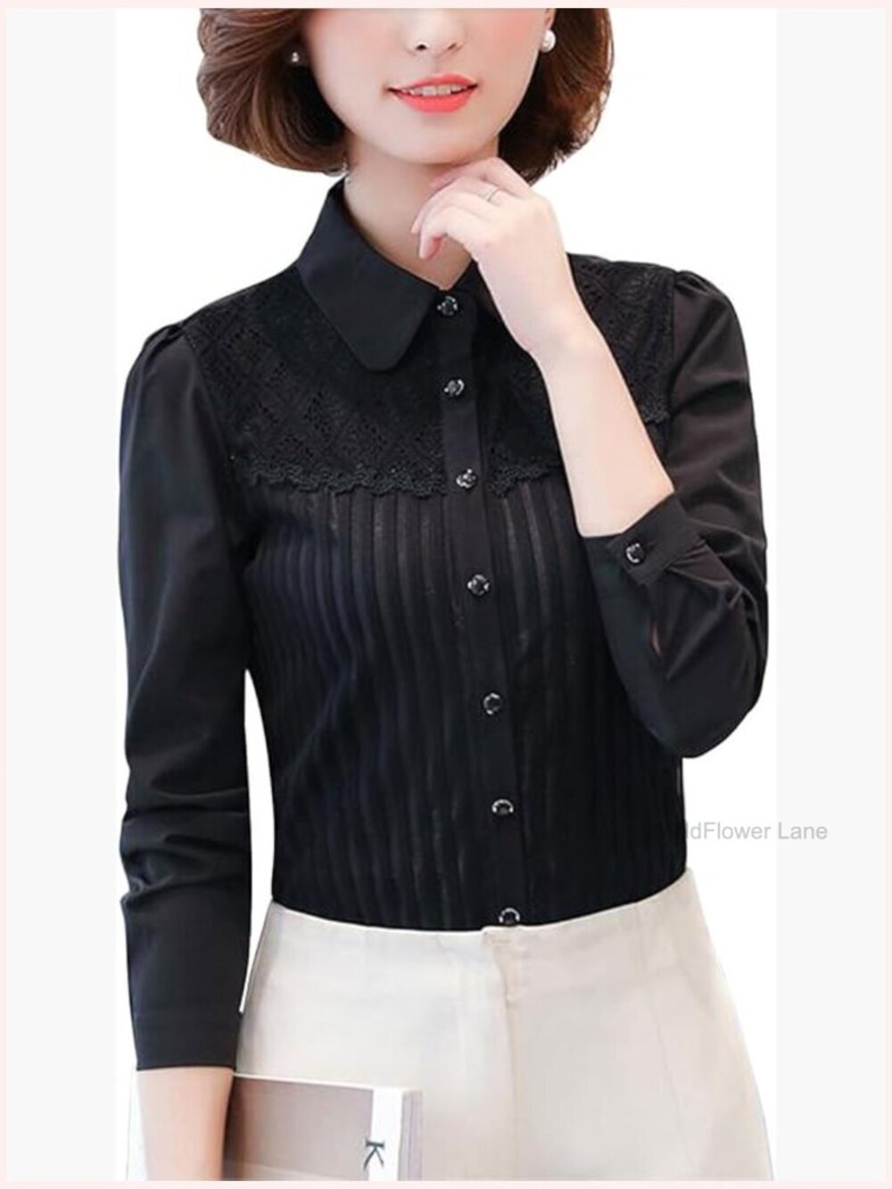 Victorian Pleated Long Sleeve Button Down Blouse